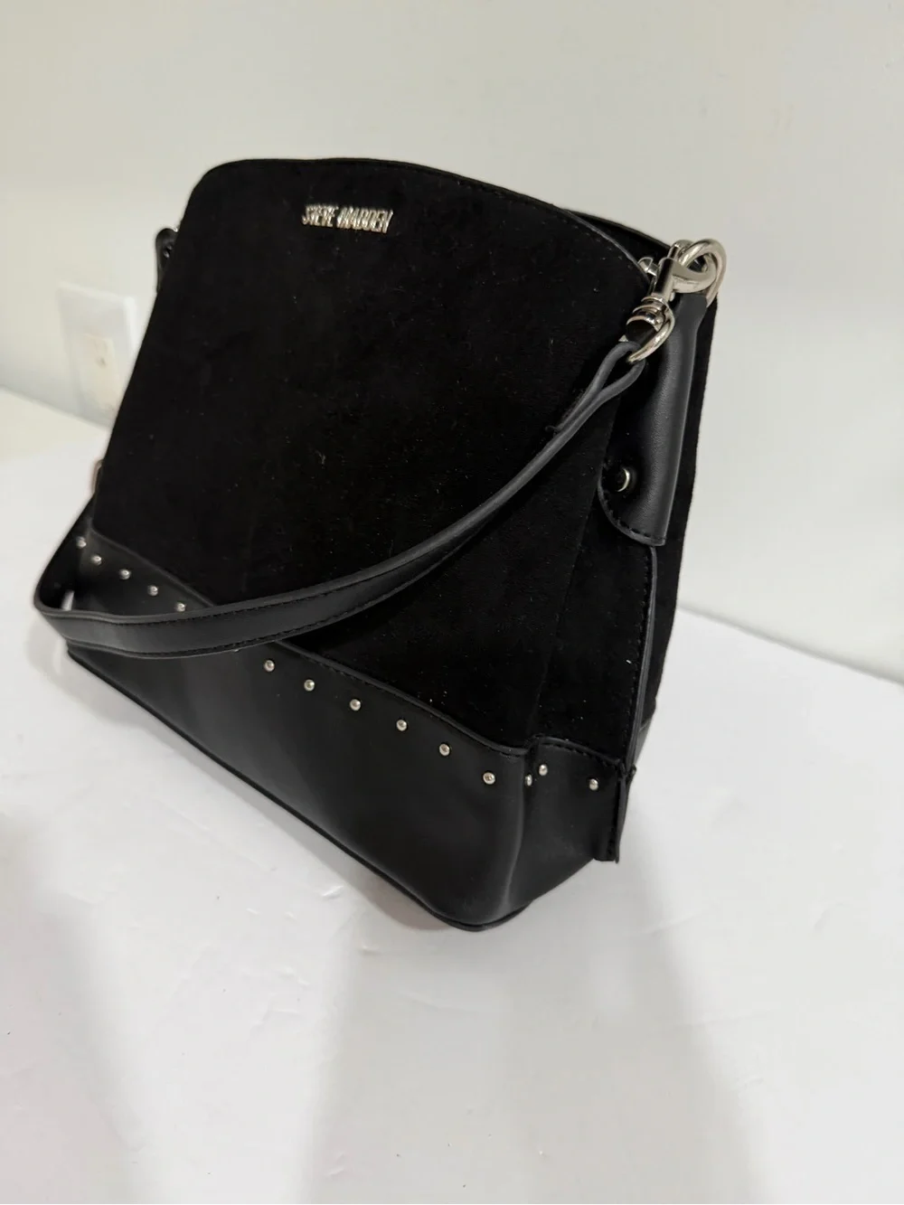 Steve Madden Black Suede & Leather Crossbody with Silver Studs